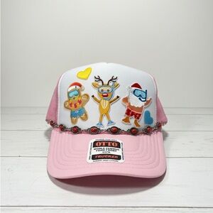 OTTO Pink and White Trucker Hat with Festive Embroidery